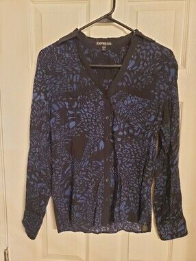 Express Portofino Blue Animal Print Button Front Blouse XS
